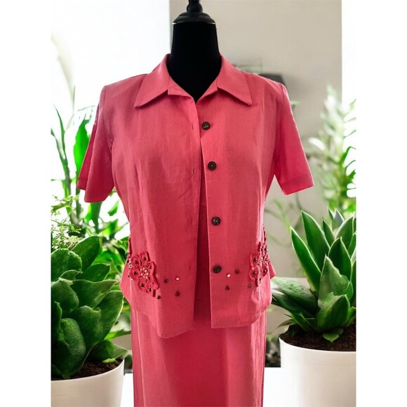 Vintage K-Studio 2 Piece Maxi Dress & Jacket Set Linen Embroidered Coral Pink Lg - Picture 1 of 16